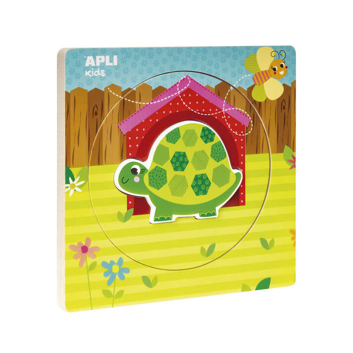 Apli Puzles de Madera Encajables Ciclo de Vida - 3 Capas Diferentes - Pieza Tortuga - Tamaño 198x198x18mm - Guia Impresa - Alt