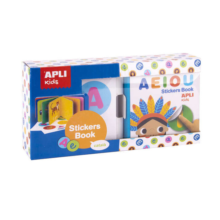 Apli Libro de Pegatinas Educativo Vocales - Tamaño 100x100x40 - 10 Paginas de Carton Rigido de 3mm - 5 Hojas de Gomets Removib