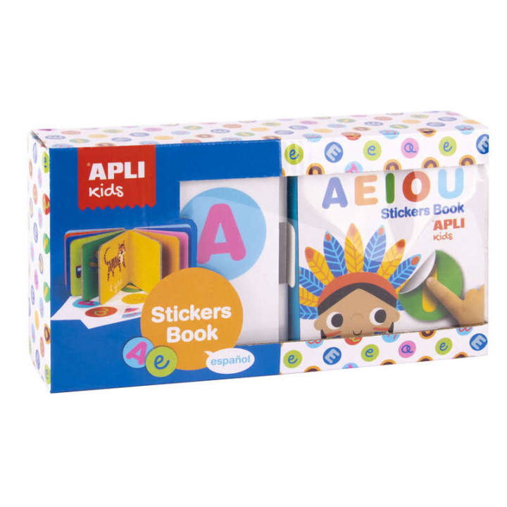 Apli Libro de Pegatinas Vocales Educativo - Tamaño 100x100x40 - 10 Paginas de Carton Rigido de 3mm - 5 Hojas de Gomets Removib