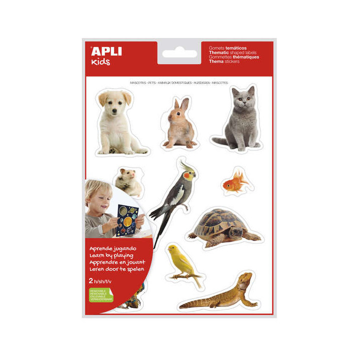 Apli Gomets Tematicos Realistas de Mascotas - 22 Gomets en 2 Hojas - Imagenes Realistas para Relacionar Animales Domesticos - A