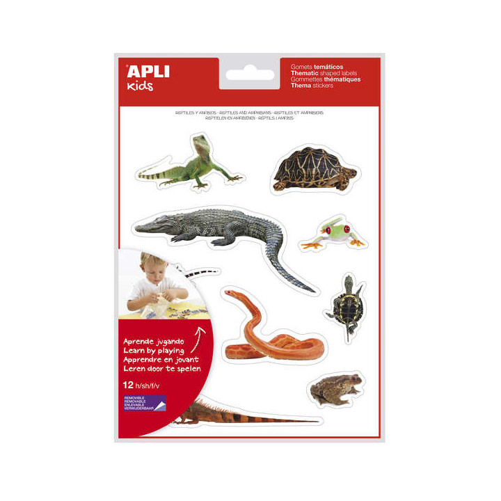 Apli Gomets Tematicos Realistas de Reptiles y Anfibios - 120 Gomets - Imagenes Realistas para Relacionar Animales - Adhesivo Re