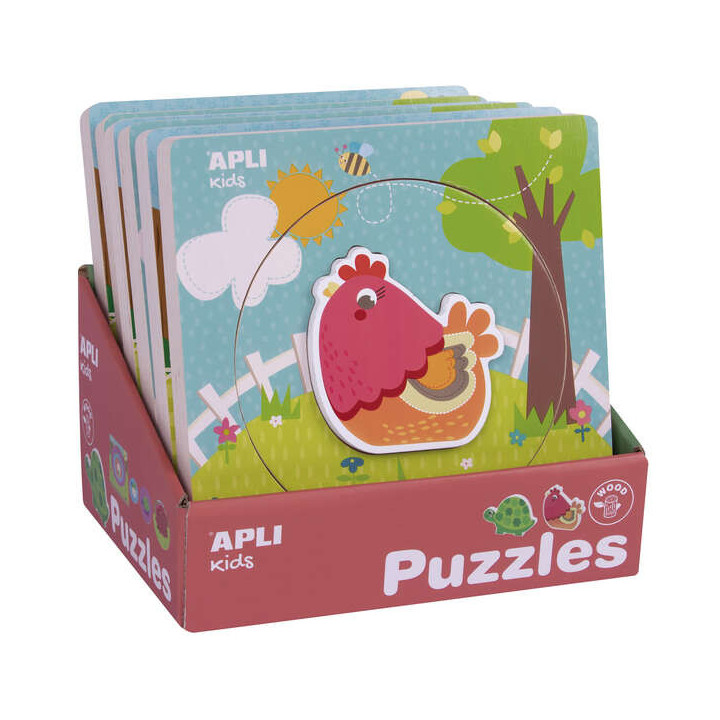 Apli Expositor de Puzles de Madera Encajables - 198x198x18 mm - 6 Puzles con Ciclo de Vida y Animal - Guia Impresa - Alto Valor