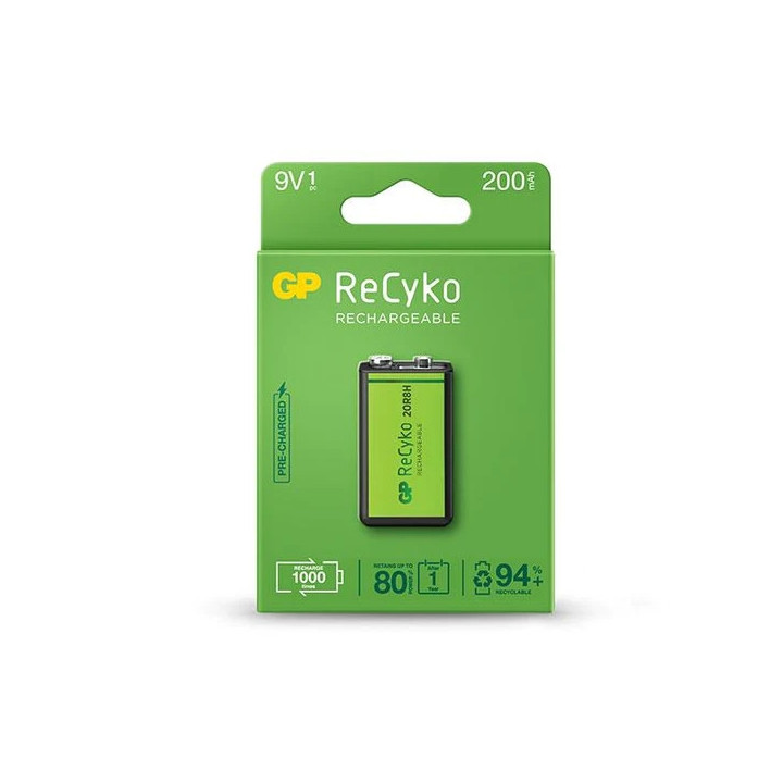 GP ReCyko Pila Recargable 200mAh 9V - Precargada - Ciclo de Vida: Hasta 1000 Veces
