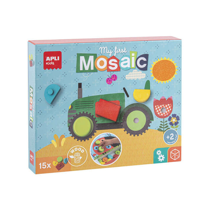 Apli Mosaico Educativo de Madera - 15 Piezas de Diferentes Formas y Colores - 5 Laminas con Diseños - Tamaño de Laminas: 280x