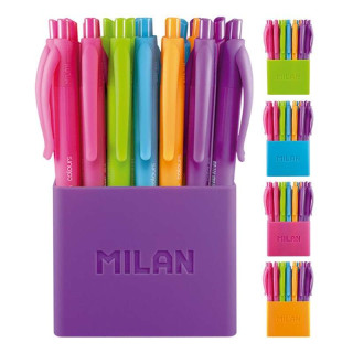 Milan P1 Touch Colours Pack de 24 Boligrafos de Bola Retractiles - Punta Redonda 1.0 mm - Tinta con Base de Aceite - Cuerpo del