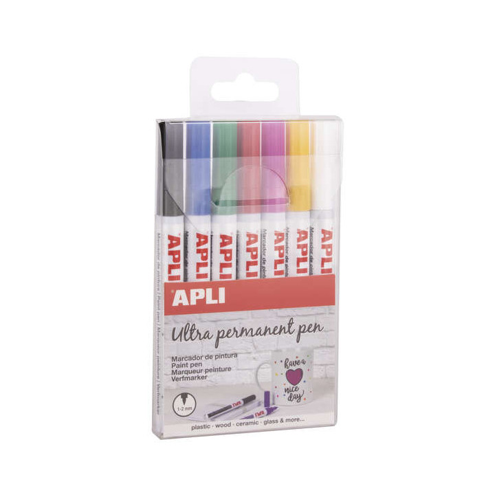 Apli Rotuladores Tinta Permanente Punta Fina - 1-2mm - Pack 7 Colores - Base Aceite - Larga Duracion - Resistente Al Agua - Sop