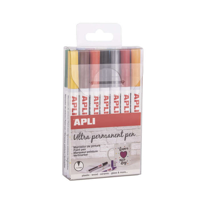 Apli Rotuladores Tinta Permanente Punta Fina - Pack 14 Colores - Base Aceite - Resistente Al Agua - Soporta Hasta 60°C
