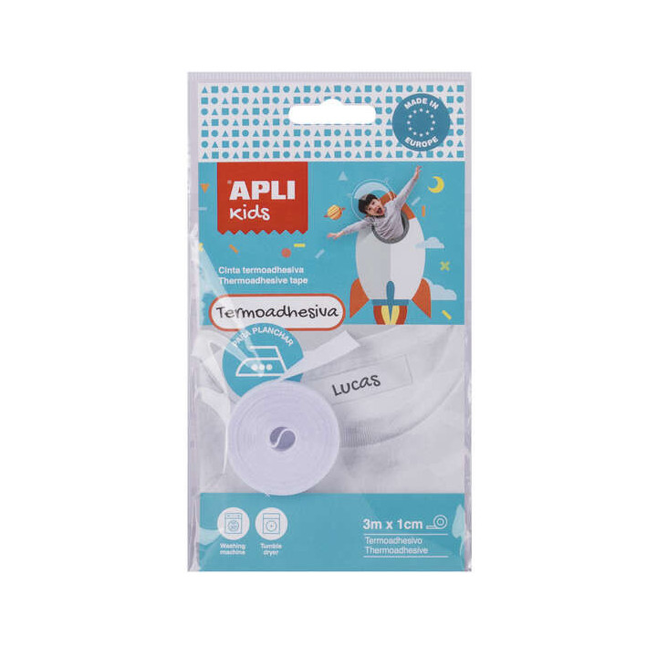 Apli Cinta Termoadhesiva para Marcar Ropa - 10mmx3m - 70% Poliester y 30% Algodon - Resistente a Lavadora y Secadora - Facil Us
