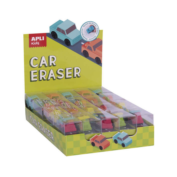 Apli Gomas de Borrar Coche - Expositor con 20 Unidades en 4 Modelos Surtidos - Forma de Coche Que Sirve para Borrar y Jugar - M