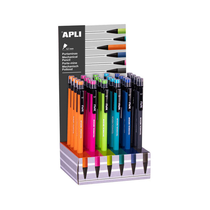 Apli Expositor de Carton de Portaminas - 0.7mm - Textura Soft - Colores Fluor Surtidos - Capuchon con Tapon Transparente y Goma