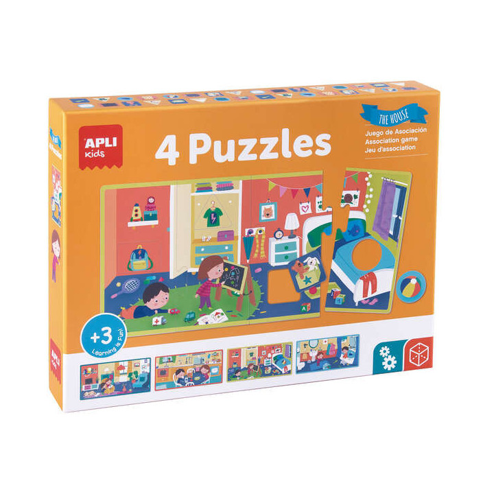 Apli Puzle de Asociacion la Casa - 4 Puzles de 4 Piezas xxl - Elementos Geometricos Troquelados - Potencia la Psicomotricidad F