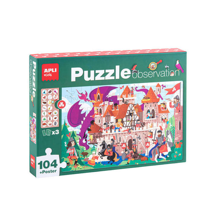 Apli Puzzle Observacion Castillo de 104 Piezas de 5x5cm - Incluye Poster y 3 Fichas - Facil Manejo - Desarrolla Habilidades y A
