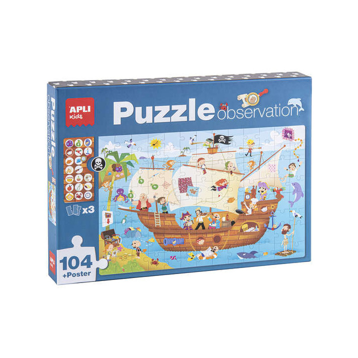 Apli Puzzle Observacion Barco Pirata de 104 Piezas de 5x5cm - Incluye Poster y 3 Fichas - Facil Manejo - Desarrolla Habilidades