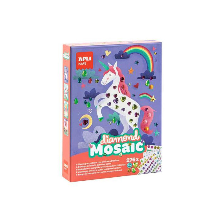 Apli Mosaico Diamante - Completa los Dibujos con Diamantes - 4 Laminas Ilustradas - 276 Diamantes de Diferentes Colores