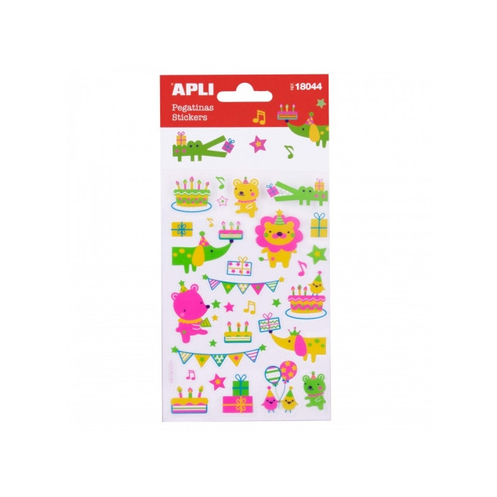 Apli Bolsa de Pegatinas Animales y Fiesta de Cumpleaños - Acabado Neon - Adhesivo Permanente - Ideal para Scrapbooking y Decor