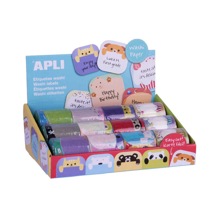 Apli Rollo de Etiquetas Washitape - 36 Etiquetas por Rollo - Faciles de Pegar y Despegar - 4 Modelos Disponibles con 6 Diseños