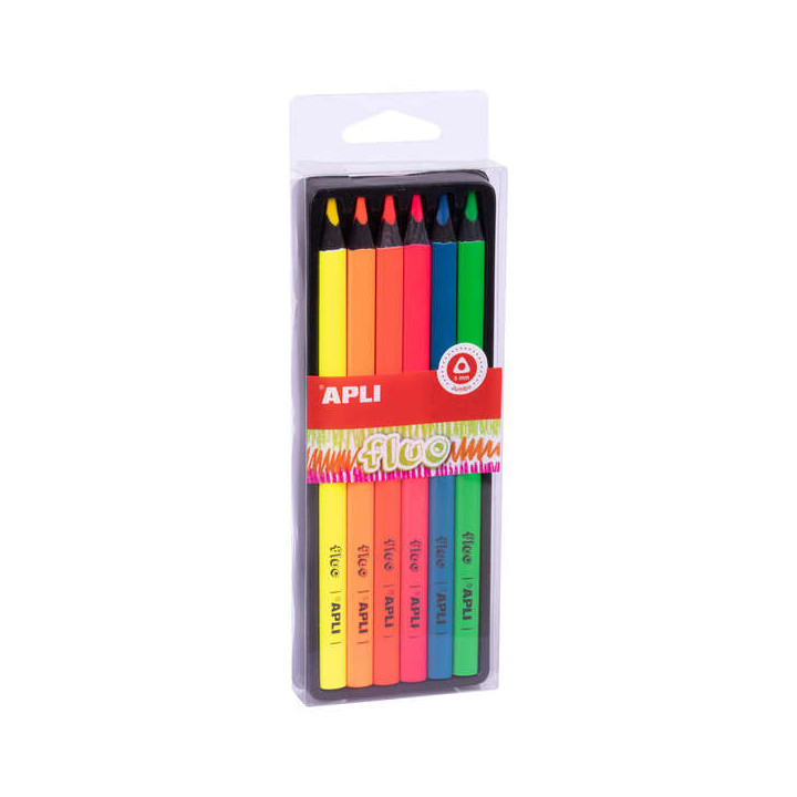 Apli Lapices Jumbo Fluo - 5mm de Trazo - Caja Individual con 6 Colores Surtidos - Madera Triangular para Mejor Sujecion