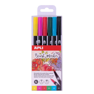Apli Brush Marker Pack de 6 Rotuladores Acuarelables de Doble Punta - Punta Pincel de 1-4mm y Punta Redonda de 1mm - Tinta Base
