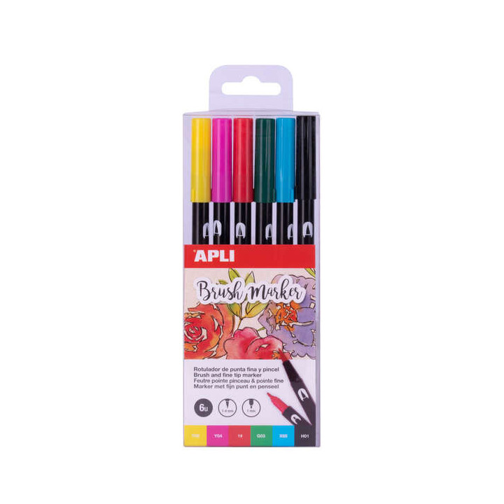Apli Brush Marker Pack de 6 Rotuladores Acuarelables de Doble Punta - Punta Pincel de 1-4mm y Punta Redonda de 1mm - Tinta Base