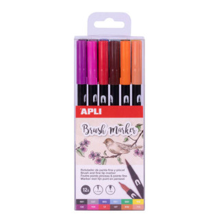 Apli Brush Marker Pack de 12 Rotuladores Acuarelables de Doble Punta - Punta Pincel de 1-4mm y Punta Redonda de 1mm - Tinta Bas