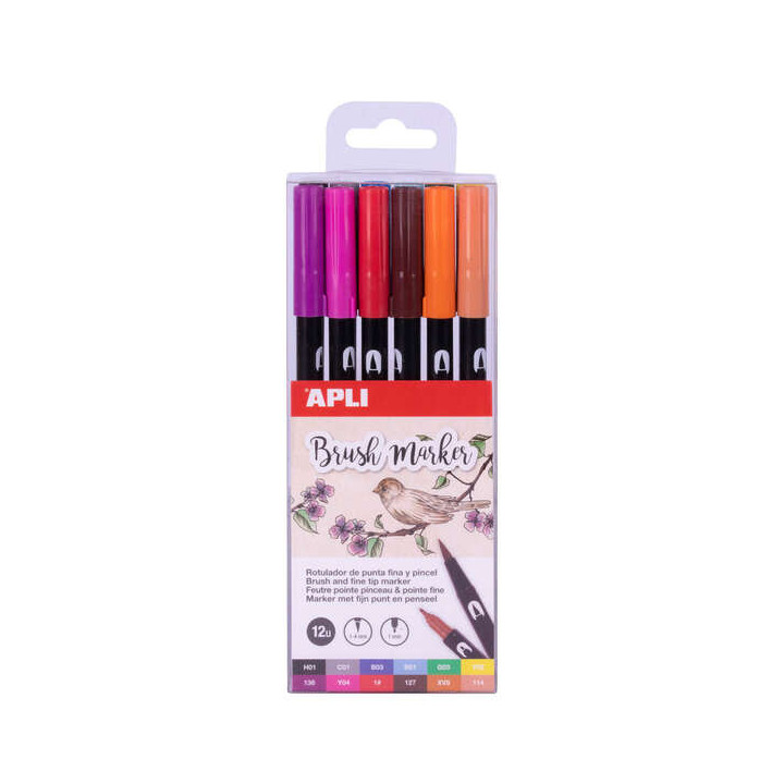Apli Brush Marker Pack de 12 Rotuladores Acuarelables de Doble Punta - Punta Pincel de 1-4mm y Punta Redonda de 1mm - Tinta Bas