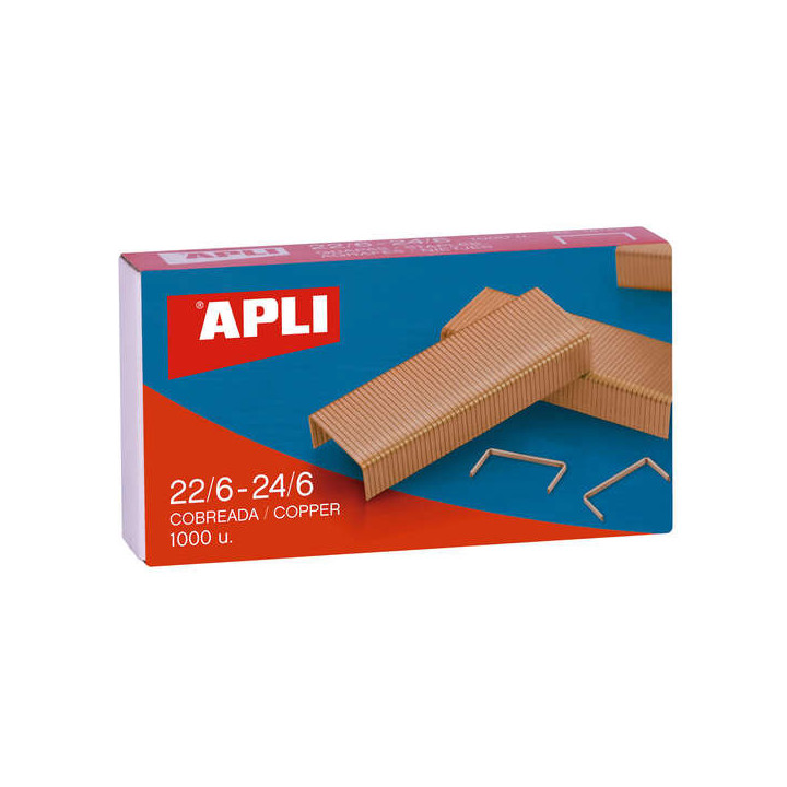 Apli Grapas de Cobre Galvanizadas 22/6 - 24/6 - Capacidad de 30 Hojas - Material Duradero y Resistente - Extremos Afilados para