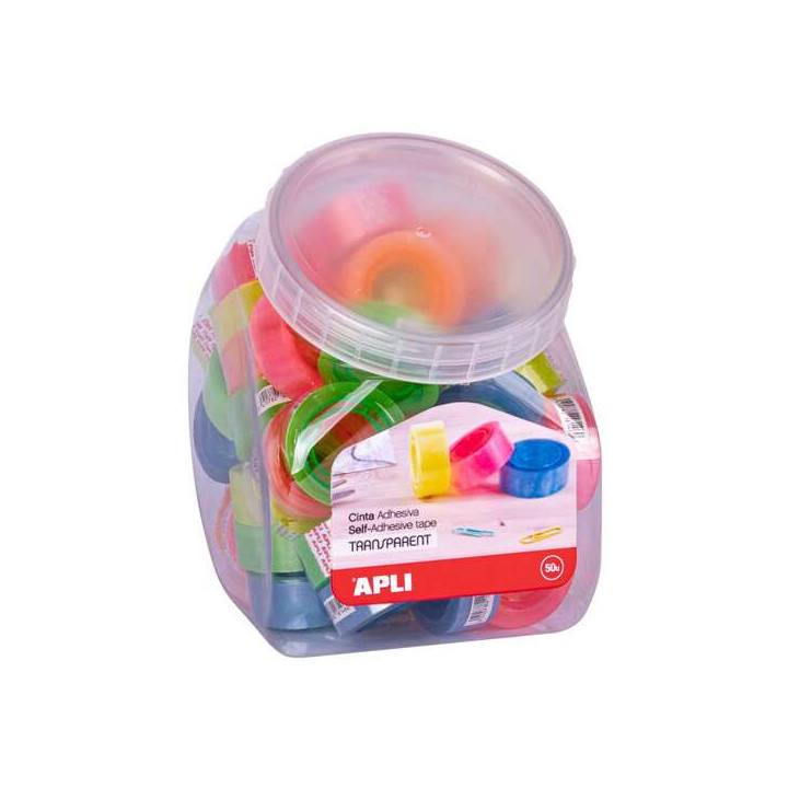 Apli Expositor con 50 Cintas Adhesivas Transparentes 19mmx20m - Fuerte Adhesion - Colores de Mandriles Surtidos
