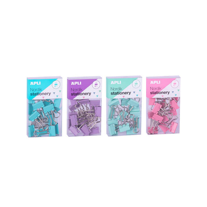 Apli Pinzas de Palas Abatibles 19mm - Clips de Acero Templado en Colores Pastel - Asas en Acabado Niquel - 15 Pinzas por Caja -