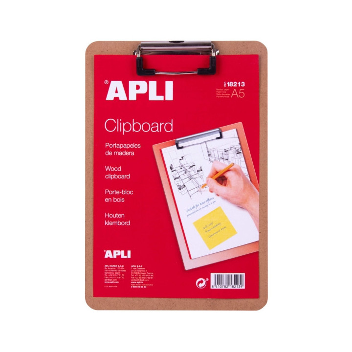 Apli Carpeta Portapapeles con Base de Madera y Pinza Metalica - Medidas 155x225mm - Formato A5