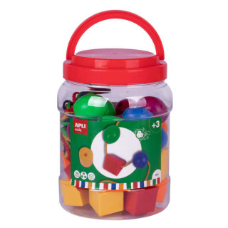 Apli Kit de Formas Ensartables - 40 Piezas - 4 Cordones de 90cm - 6 Formas Geometricas - Colores Surtidos - Bote de Plastico co