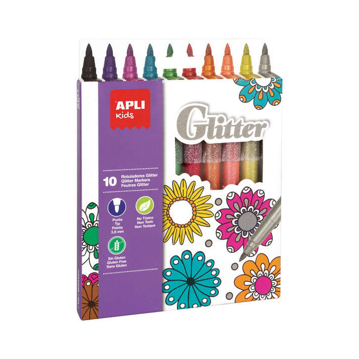 Apli Kids Rotuladores Glitter - Ø 12x137 mm - Cuerpo Cilindrico y Punta Redonda Bloqueada de Ø 3.8 mm - Colores Surtidos - La