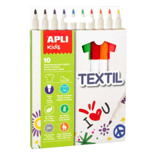 Apli Kids Pack de 10 Rotuladores para Textil - Punta Redonda Bloqueada Ø 2.9mm - Capuchon Anti Asfixia - No Toxicos - Larga Du