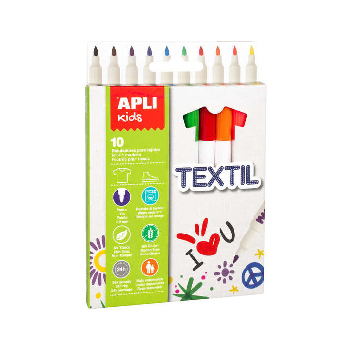 Apli Kids Pack de 10 Rotuladores para Textil - Punta Redonda Bloqueada Ø 2.9mm - Capuchon Anti Asfixia - No Toxicos - Larga Du