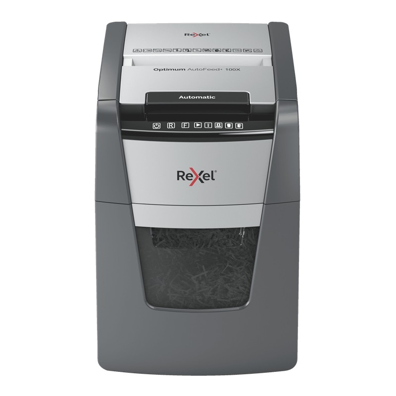 Rexel Optimum AutoFeed 100X Destructora Automatica de Corte en Particulas - 34L - Alimentacion Automatica 100 hojas - Ranura Ma