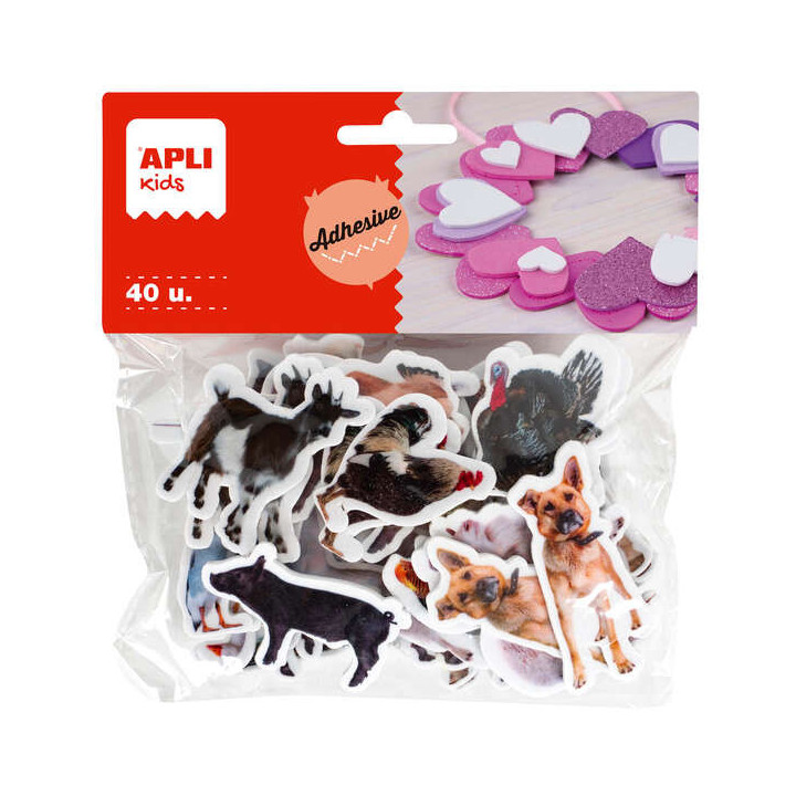 Apli Formas Goma Eva Adhesivas Animales de la Granja 40U - Faciles de Pegar - Variados Diseños - Ideal para Manualidades