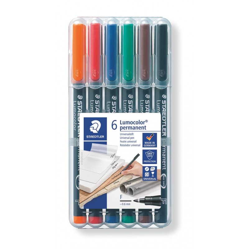 Staedtler Lumocolor 318 Pack de 6 Rotuladores Permanentes - Punta Fina Redonda - Trazo 0.6mm - Capuchon con Clip - Secado Rapid Staedtler Lumocolor 318 Pack de 6 Rotuladores Permanentes - Punta Fina Redonda - Trazo 0.6mm - Capuchon con Clip - Secado Rapid