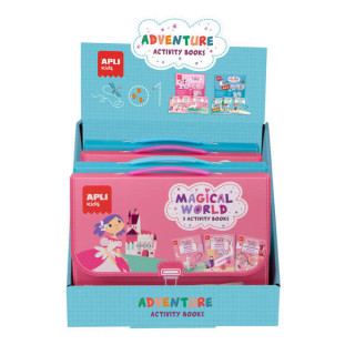 Apli Expositor Activity Books de 6 Unidades - 2 Tematicas: el Mundo Magico y Piratas - 3 Libros con Hojas Plastificadas y Activ