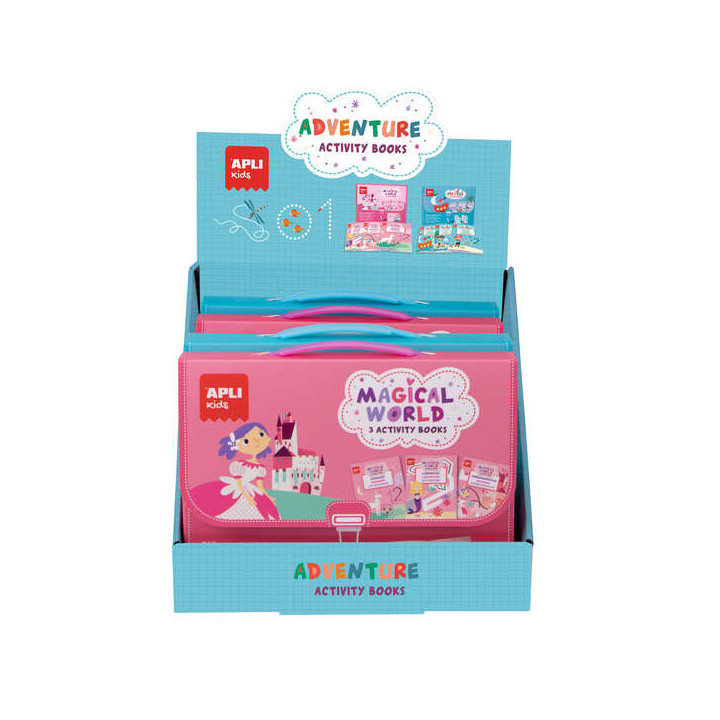 Apli Expositor Activity Books de 6 Unidades - 2 Tematicas: el Mundo Magico y Piratas - 3 Libros con Hojas Plastificadas y Activ