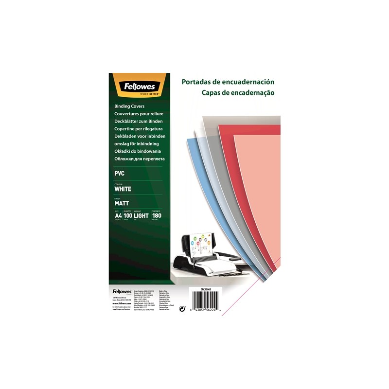 Fellowes Pack de 100 Portadas para Encuadernar de PVC A4 - 180 Micras - Alta Calidad - Color Blanco