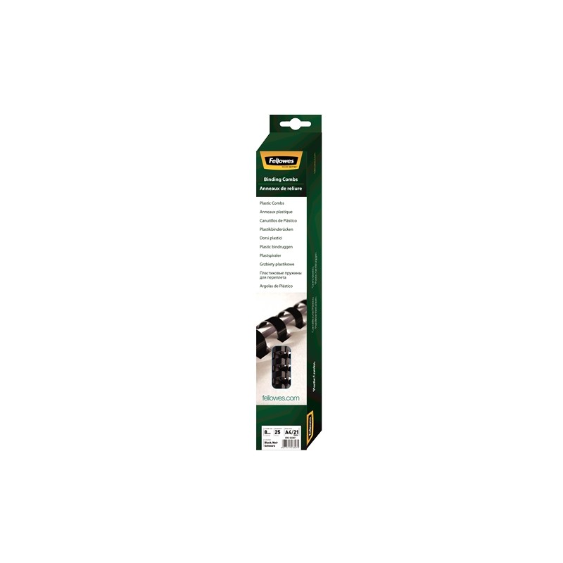 Fellowes Pack de 25 Canutillos de Plastico 8mm - Hasta 40 Hojas - Facil de Utilizar y Flexible - Alta Calidad - Color Negro