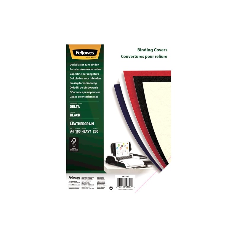 Fellowes Pack de 100 Portadas de Carton Simil Piel Delta Cuero A4 - 250 gr - Color Negro