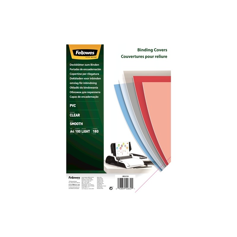 Fellowes Pack de 100 Portadas para Encuadernar de PVC A4 - 180 Micras - Transparentes