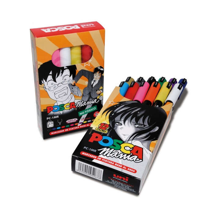 Posca PC-1MR Pack de 12 Marcadores de Pintura - Punta Roller de Fibra 0.7mm - Tinta Base al Agua - Resistente a la Luz - No Per