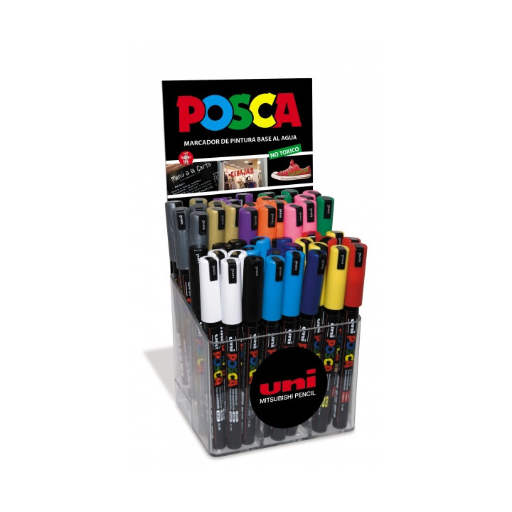 Posca PC-1MR Expositor de 48 Marcadores de Pintura - Punta Roller de Fibra 0.7mm - Tinta Pigmentada Base al Agua - Resistente a