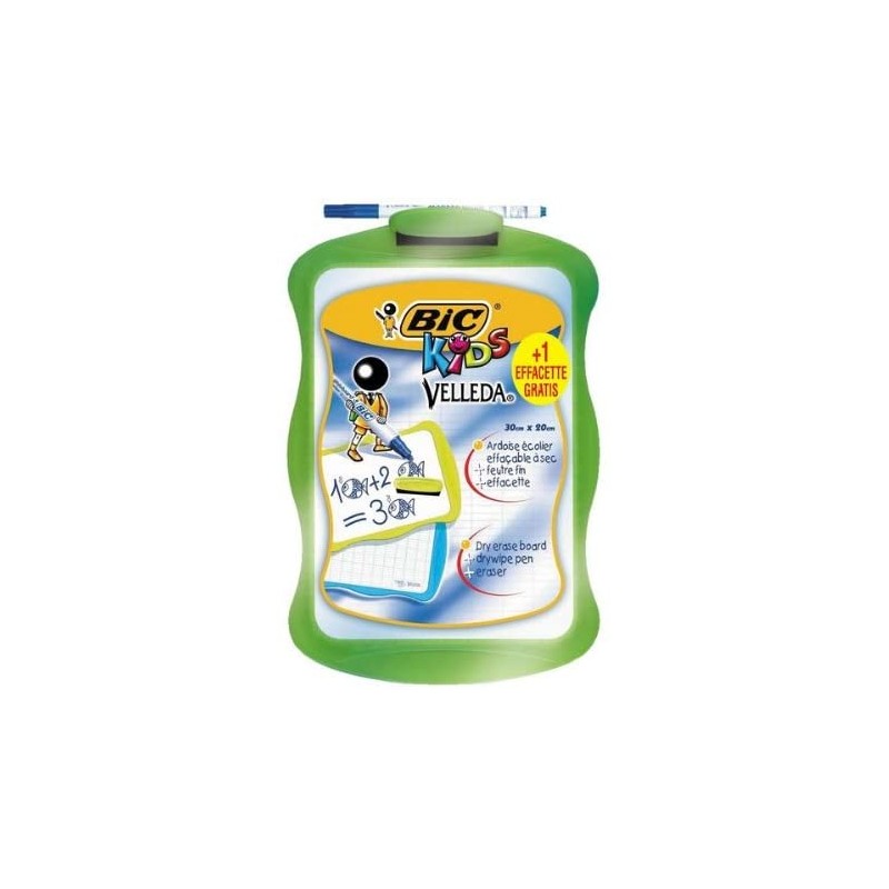 Bic Velleda Kids Pizarra Escolar Blanca y Milimetrada + 1 Marcador Velleda Azul + 1 Borrador - Dimensiones: 20x30cm