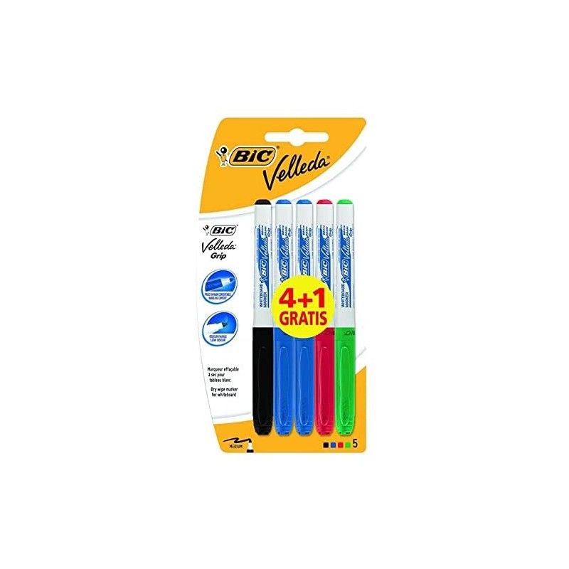 Bic Velleda Grip 4+1 Pack de 5 Rotuladores para Pizarra - Zona con Grip - Punta Media - Trazo de 1.2mm - Borrado Optimo - Color Bic Velleda Grip 4+1 Pack de 5 Rotuladores para Pizarra - Zona con Grip - Punta Media - Trazo de 1.2mm - Borrado Optimo - Color