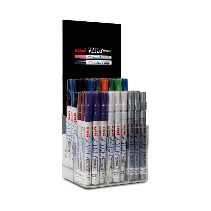 Uni-ball PX-21 Expositor de 54 Marcadores de Pintura - Punta Acrilica de Bala 0.8-1.2mm - Linea Fina - Cuerpo de Aluminio - Tin