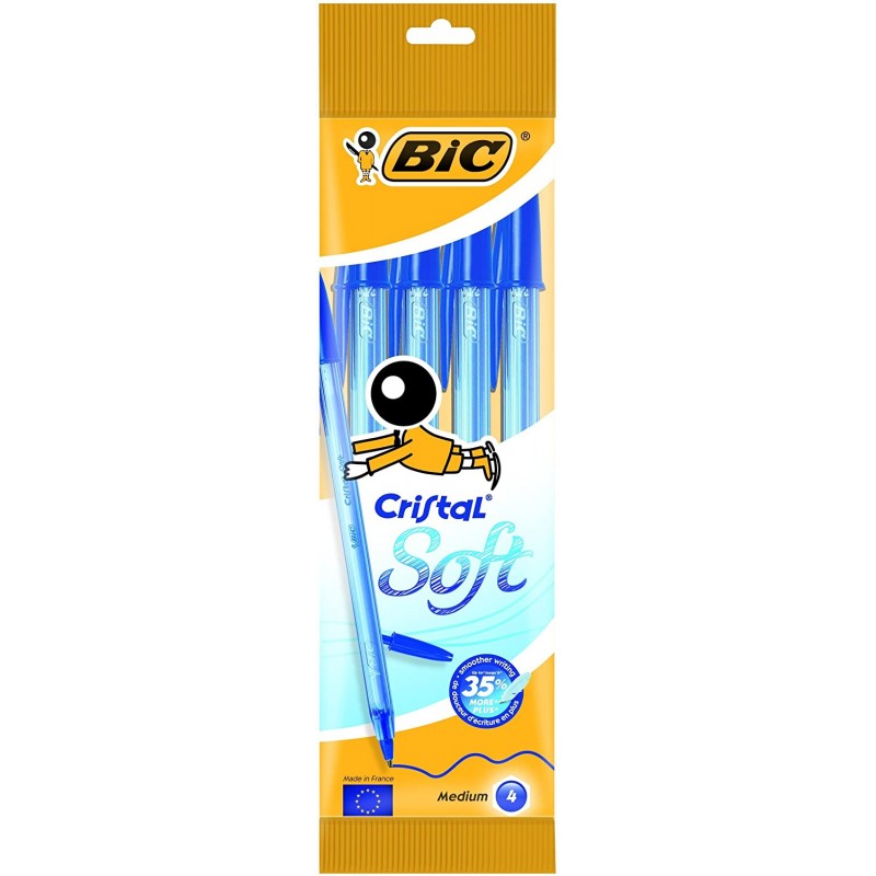Bic Cristal Soft Pack de 4 Boligrafos de Bola - Punta Media de 1.2mm - Trazo 0.45mm - Escritura mas Fluida - Color Azul Bic Cristal Soft Pack de 4 Boligrafos de Bola - Punta Media de 1.2mm - Trazo 0.45mm - Escritura mas Fluida - Color Azul