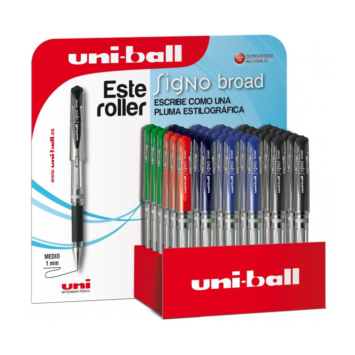 Uni-ball Signo Broad UM-153/3D Expositor de 36 Rollers de Tinta Gel - Punta de Bola 1mm - Trazo Estilo Pluma - Sujecion de Cauc