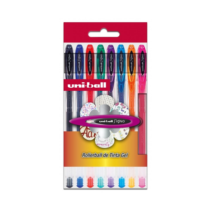 Uni-ball Signo Basico Pack de 8 Boligrafos de Tinta Gel - Punta de Bola 0.7mm - Tinta Resistente al Agua y Luz - Colores Surtid